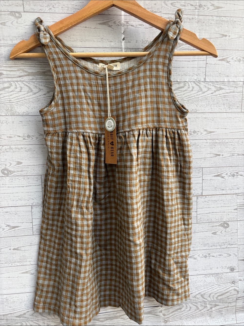 Rabbit + Bear organic cotton 
Brown Gingham Dress Sz 6 Fall Autumn pumpkin farm